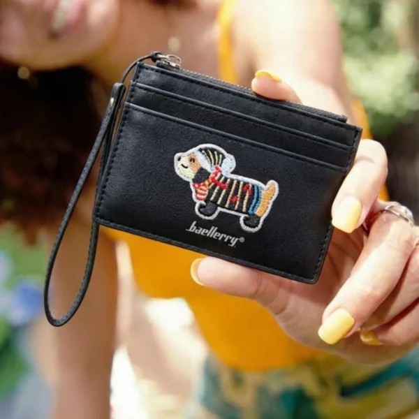 Novora Women's Short PU Leather Wallet | Cute Dachshund Embroidered Design with Multiple Card Slots, Small Fashion Wallet for Girls & Students BLACK