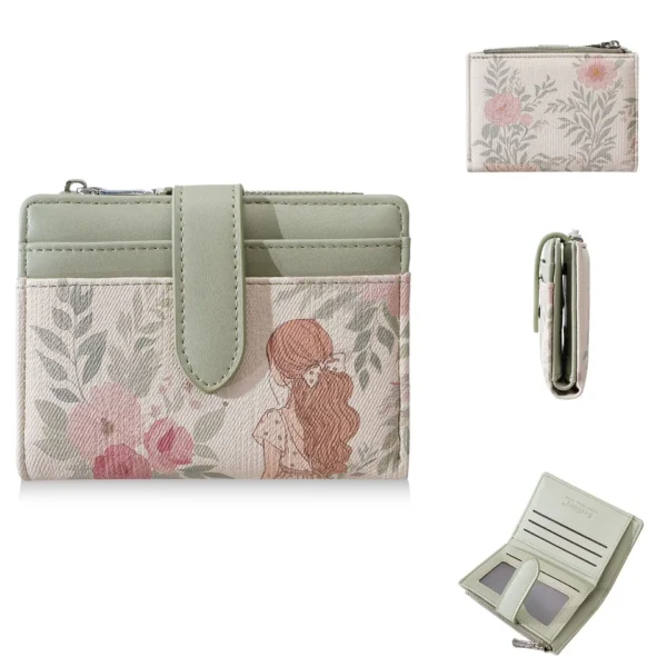 Novora Women's Short PU Leather Wallet | Waterproof Zipper Coin Purse with Card Holder, Color Block Cartoon Design for Girls & Students GREEN