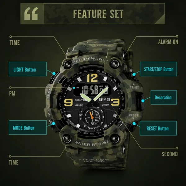 SKMEI 1637 Men’s Sport Watch | Analog-Digital Display, Stainless Steel Case, Leather Strap, 50M Water Resistant ARMY