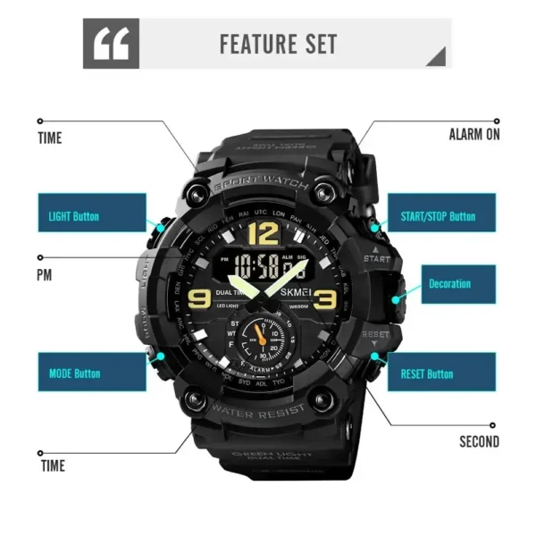 SKMEI 1637 Men’s Sport Watch | Analog-Digital Display, Stainless Steel Case, Leather Strap, 50M Water Resistant BLACK