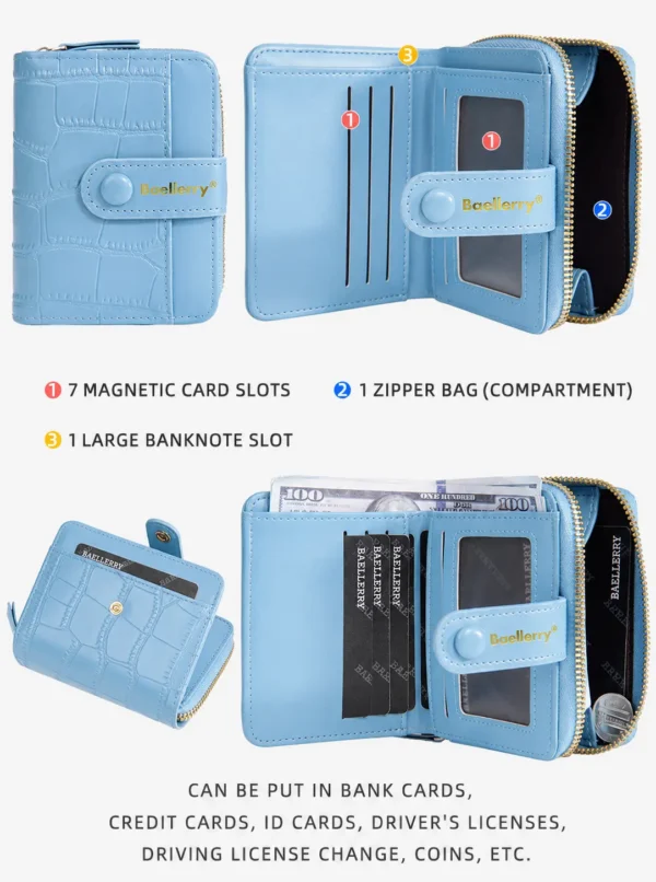 Novora Women's Slim PU Leather Wallet 2026 | Bifold Short Wallet with Zipper Coin Pocket, Card Holder & ID Window SKY BLUE