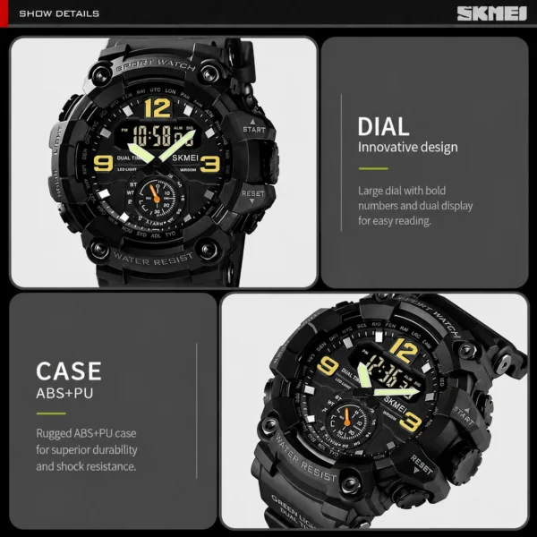 SKMEI 1637 Men’s Sport Watch | Analog-Digital Display, Stainless Steel Case, Leather Strap, 50M Water Resistant BLACK