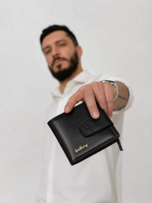 NOVORA Baellerry Short Leather Wallet for Men - Stylish Black Coin Purse, Multi-Card Holder Pocket & Compact Male Wallet with Zipper Coin Pouch