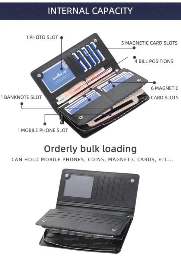 NOVORA Baellerry Business Men's Vintage Black PU Leather Wallet - Large Capacity Multi-Function Zipper Clutch Bag, Mobile Phone Pouch, Long Cash Holder & Stylish Travel Handbag for Men
