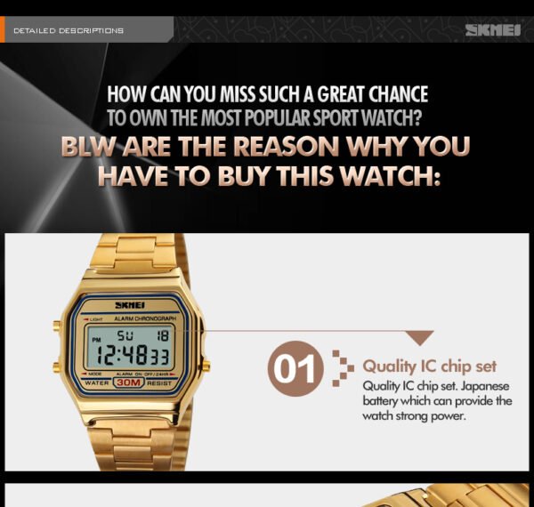 SKMEI 1123 Men’s Luxury Digital Watch | Gold-Plated Fashion Wristwatch, Stylish Retro Design for Men