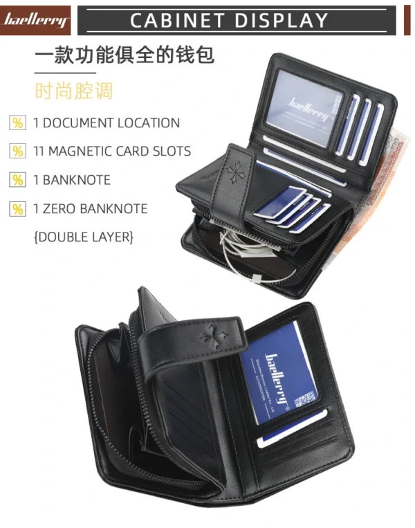 NOVORA Baellerry Short Leather Wallet for Men - Stylish Black Coin Purse, Multi-Card Holder Pocket & Compact Male Wallet with Zipper Coin Pouch