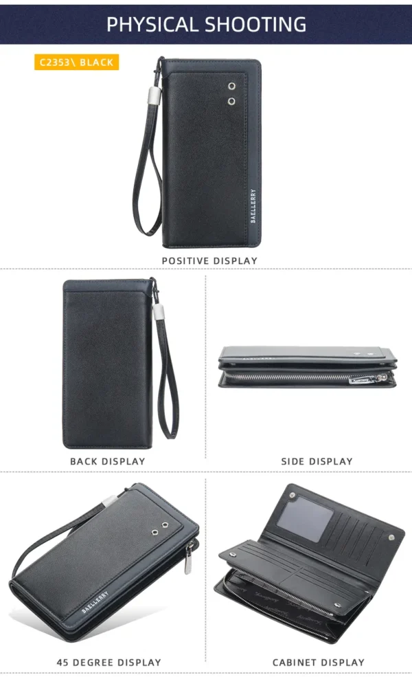 NOVORA Baellerry Business Men's Vintage Black PU Leather Wallet - Large Capacity Multi-Function Zipper Clutch Bag, Mobile Phone Pouch, Long Cash Holder & Stylish Travel Handbag for Men