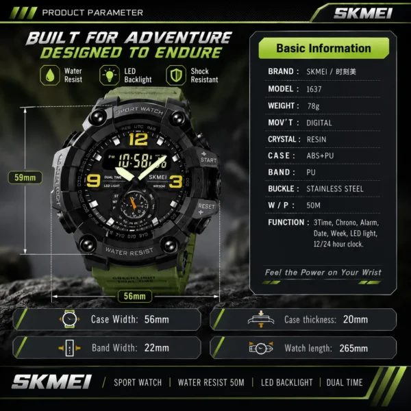 SKMEI 1637 Men’s Sport Watch | Analog-Digital Display, Stainless Steel Case, Leather Strap, 50M Water Resistant GREEN