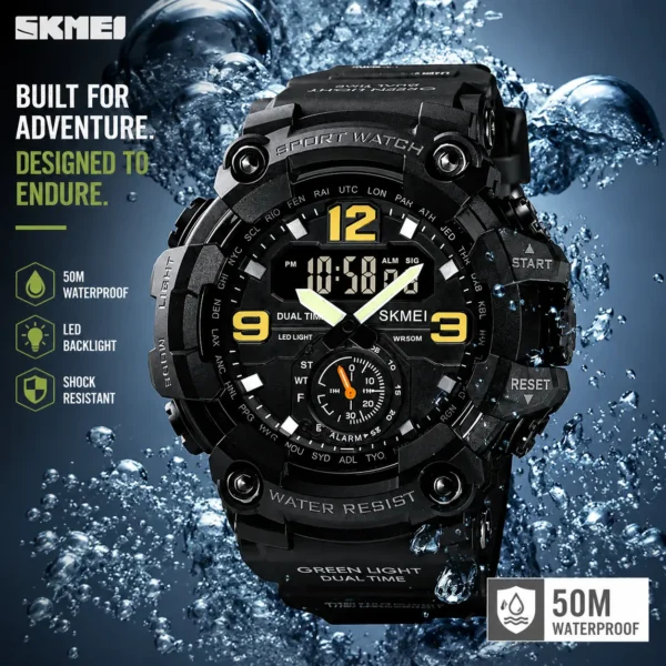 SKMEI 1637 Men’s Sport Watch | Analog-Digital Display, Stainless Steel Case, Leather Strap, 50M Water Resistant BLACK
