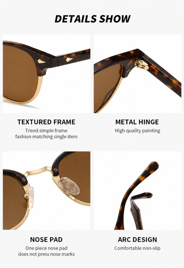 NOVORA Luxury Retro Round Sunglasses for Men & Women | UV400 Half-Rim Black PC Frame with Timeless Vintage Fashion Design TIGER
