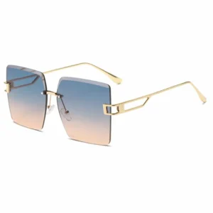 NOVORA Luxury Frameless Square Sunglasses for Men & Women | UV400 Protection, Premium Metal Frame & Modern Fashion Eyewear Golden & Blue