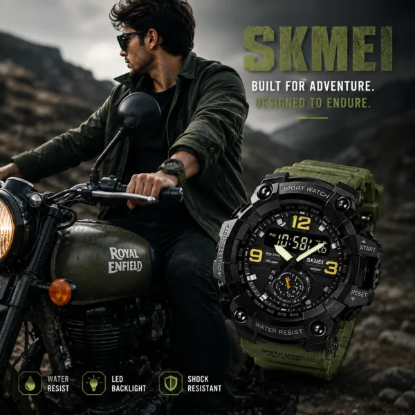 SKMEI 1637 Men’s Sport Watch | Analog-Digital Display, Stainless Steel Case, Leather Strap, 50M Water Resistant GREEN