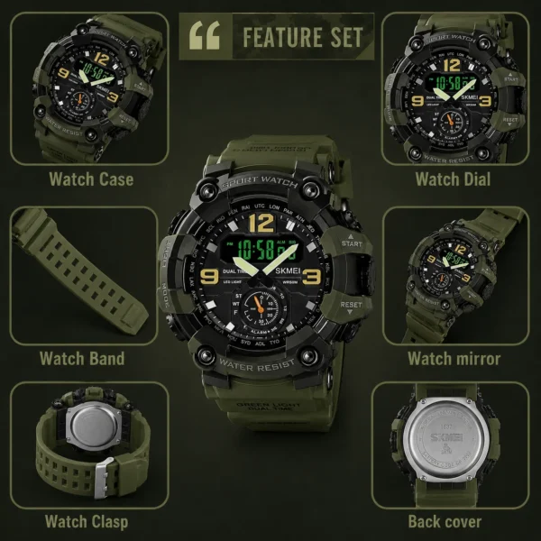 SKMEI 1637 Men’s Sport Watch | Analog-Digital Display, Stainless Steel Case, Leather Strap, 50M Water Resistant GREEN