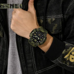 SKMEI 1637 Men’s Sport Watch | Analog-Digital Display, Stainless Steel Case, Leather Strap, 50M Water Resistant ARMY