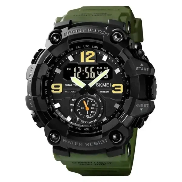 SKMEI 1637 Men’s Sport Watch | Analog-Digital Display, Stainless Steel Case, Leather Strap, 50M Water Resistant GREEN