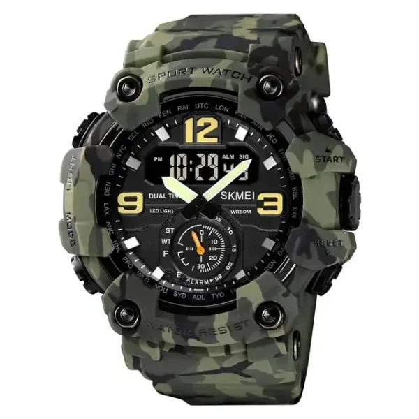 SKMEI 1637 Men’s Sport Watch | Analog-Digital Display, Stainless Steel Case, Leather Strap, 50M Water Resistant ARMY