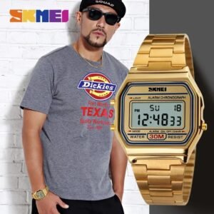 SKMEI 1123 Men’s Luxury Digital Watch | Gold-Plated Fashion Wristwatch, Stylish Retro Design for Men