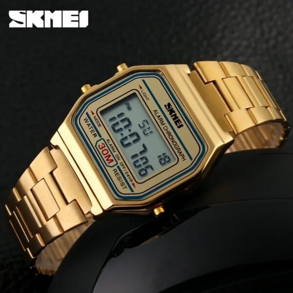 SKMEI 1123 Men’s Luxury Digital Watch | Gold-Plated Fashion Wristwatch, Stylish Retro Design for Men