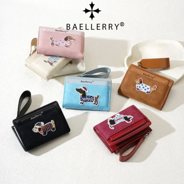 Novora Women's Short PU Leather Wallet | Cute Dachshund Embroidered Design with Multiple Card Slots, Small Fashion Wallet for Girls & Students BLACK