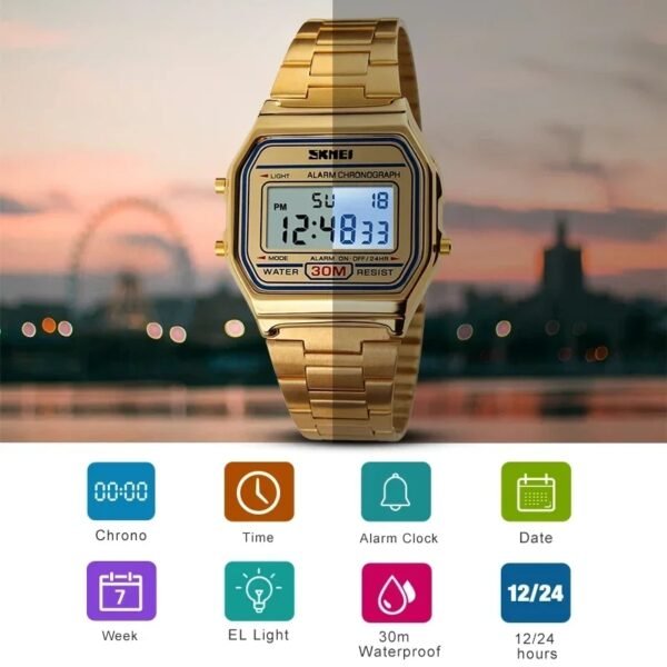 SKMEI 1123 Men’s Luxury Digital Watch | Gold-Plated Fashion Wristwatch, Stylish Retro Design for Men