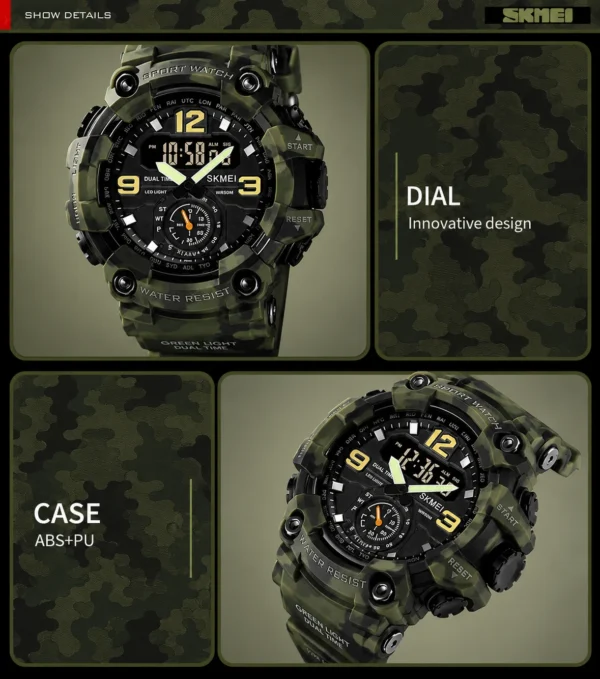 SKMEI 1637 Men’s Sport Watch | Analog-Digital Display, Stainless Steel Case, Leather Strap, 50M Water Resistant ARMY