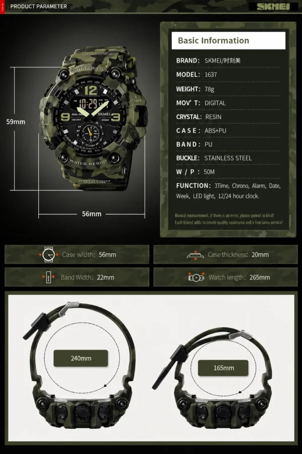 SKMEI 1637 Men’s Sport Watch | Analog-Digital Display, Stainless Steel Case, Leather Strap, 50M Water Resistant ARMY