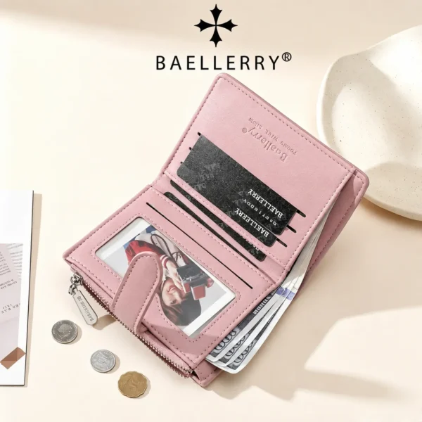 Novora Women's Short PU Leather Wallet | Waterproof Zipper Coin Purse with Card Holder, Color Block Cartoon Design for Girls & Students PINK