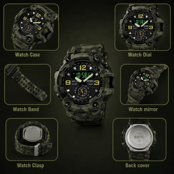 SKMEI 1637 Men’s Sport Watch | Analog-Digital Display, Stainless Steel Case, Leather Strap, 50M Water Resistant ARMY