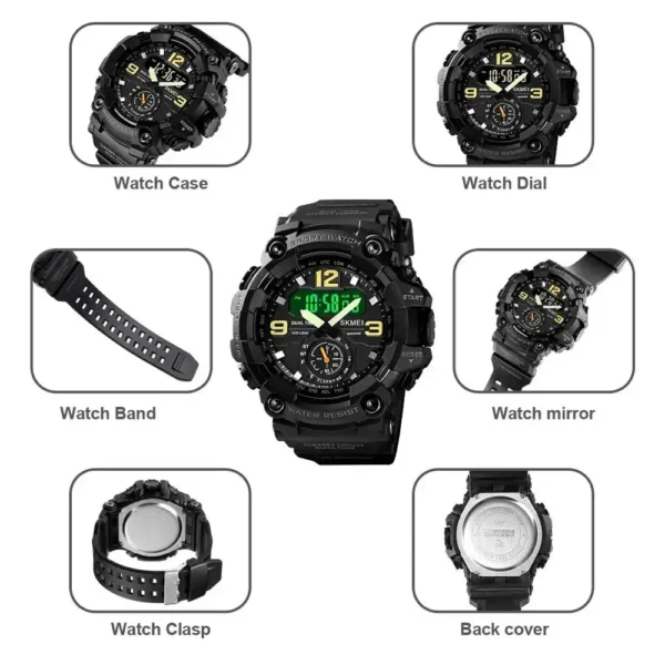 SKMEI 1637 Men’s Sport Watch | Analog-Digital Display, Stainless Steel Case, Leather Strap, 50M Water Resistant BLACK