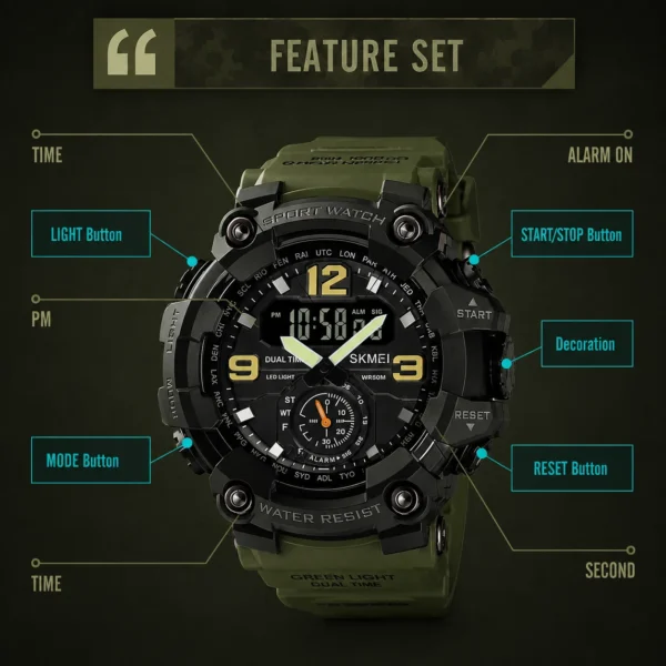 SKMEI 1637 Men’s Sport Watch | Analog-Digital Display, Stainless Steel Case, Leather Strap, 50M Water Resistant GREEN