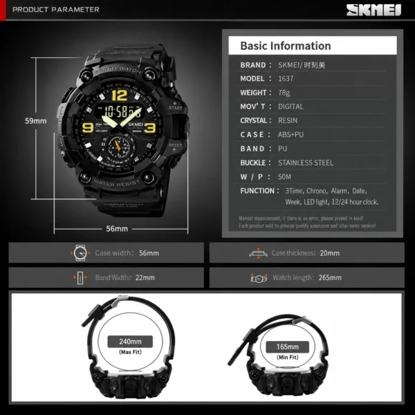 SKMEI 1637 Men’s Sport Watch | Analog-Digital Display, Stainless Steel Case, Leather Strap, 50M Water Resistant BLACK