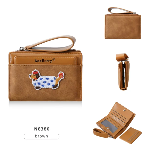 Novora Women's Short PU Leather Wallet | Cute Dachshund Embroidered Design with Multiple Card Slots, Small Fashion Wallet for Girls & Students BROWN