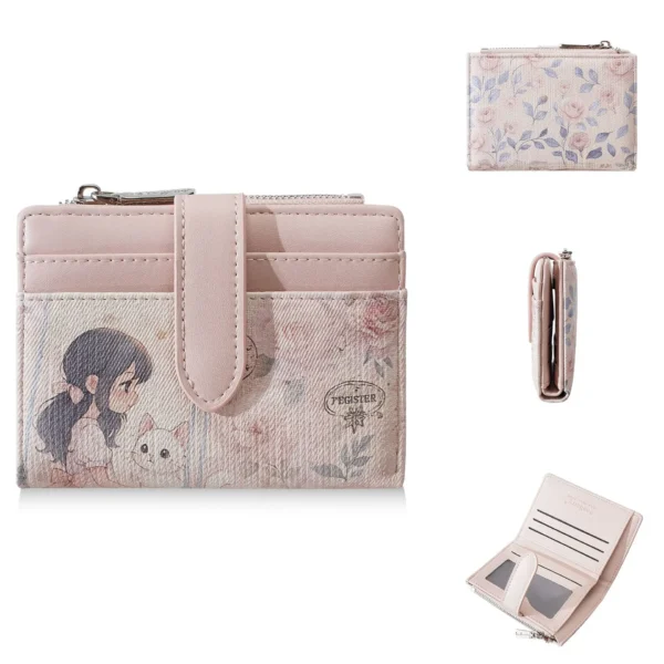Novora Women's Short PU Leather Wallet | Waterproof Zipper Coin Purse with Card Holder, Color Block Cartoon Design for Girls & Students PINK