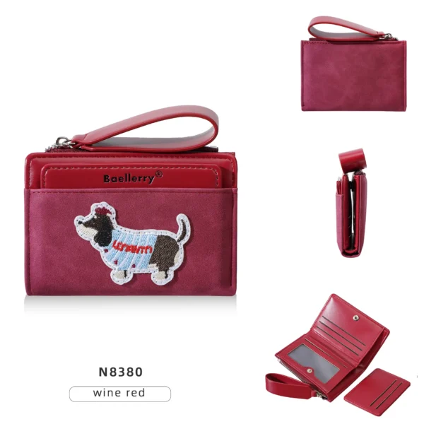 Novora Women's Short PU Leather Wallet | Cute Dachshund Embroidered Design with Multiple Card Slots, Small Fashion Wallet for Girls & Students RED WINE