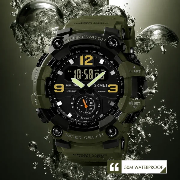 SKMEI 1637 Men’s Sport Watch | Analog-Digital Display, Stainless Steel Case, Leather Strap, 50M Water Resistant GREEN