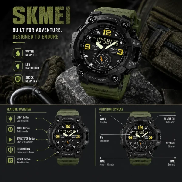 SKMEI 1637 Men’s Sport Watch | Analog-Digital Display, Stainless Steel Case, Leather Strap, 50M Water Resistant GREEN