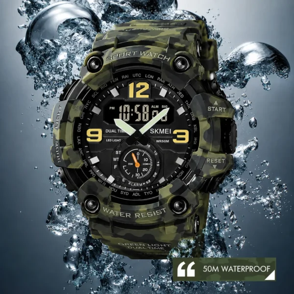 SKMEI 1637 Men’s Sport Watch | Analog-Digital Display, Stainless Steel Case, Leather Strap, 50M Water Resistant ARMY