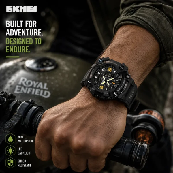 SKMEI 1637 Men’s Sport Watch | Analog-Digital Display, Stainless Steel Case, Leather Strap, 50M Water Resistant BLACK