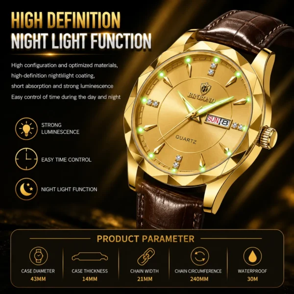 BINBOND B5552 Men’s Luxury Watch | Silver Stainless Steel Quartz, Date Display & Water Resistant Design GOLDEN