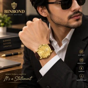 BINBOND B5552 Men’s Luxury Watch | Silver Stainless Steel Quartz, Date Display & Water Resistant Design GOLDEN