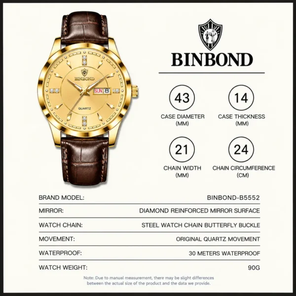 BINBOND B5552 Men’s Luxury Watch | Silver Stainless Steel Quartz, Date Display & Water Resistant Design GOLDEN