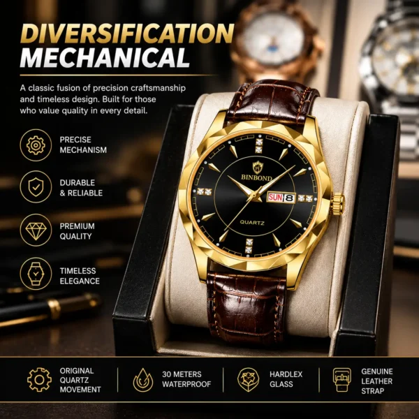 BINBOND B5552 Men’s Luxury Watch | Silver Stainless Steel Quartz, Date Display & Water Resistant Design BLACK