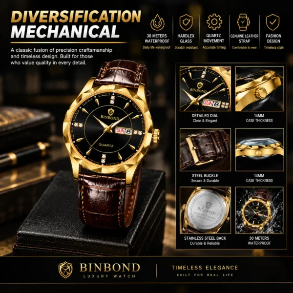 BINBOND B5552 Men’s Luxury Watch | Silver Stainless Steel Quartz, Date Display & Water Resistant Design BLACK