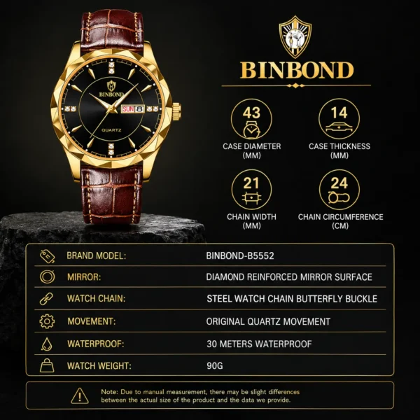 BINBOND B5552 Men’s Luxury Watch | Silver Stainless Steel Quartz, Date Display & Water Resistant Design BLACK
