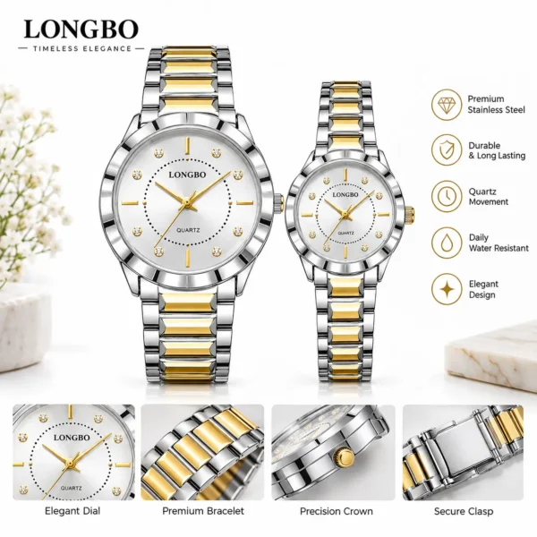LONGBO 83625 Luxury Couple Watch for Men & Women – Stainless Steel Quartz Watch with Unique Dial, 3BAR Water Resistance & Luminous Hands SILVER & GOLDEN