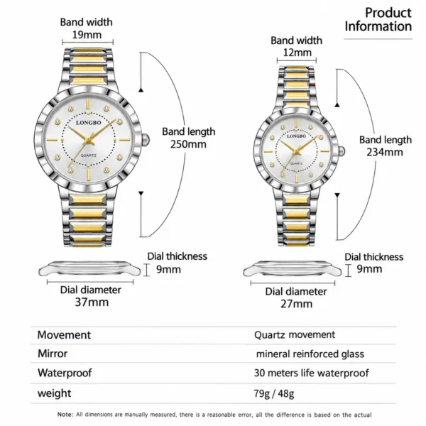 LONGBO 83625 Luxury Couple Watch for Men & Women – Stainless Steel Quartz Watch with Unique Dial, 3BAR Water Resistance & Luminous Hands SILVER & GOLDEN