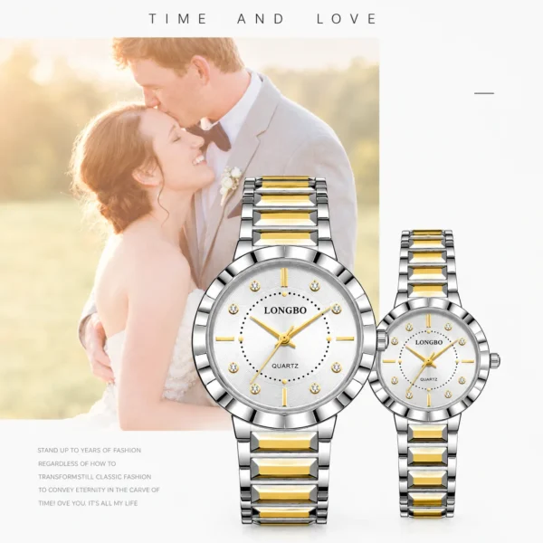 LONGBO 83625 Luxury Couple Watch for Men & Women – Stainless Steel Quartz Watch with Unique Dial, 3BAR Water Resistance & Luminous Hands SILVER & GOLDEN