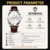 BINBOND 8879 Men’s Luxury Watch | Genuine Leather Strap, Multifunction Quartz, Waterproof Business & Casual Wristwatch SILVER