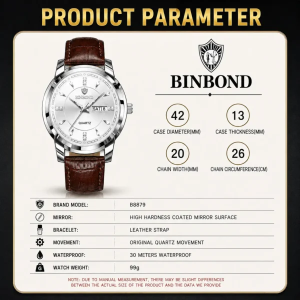 BINBOND 8879 Men’s Luxury Watch | Genuine Leather Strap, Multifunction Quartz, Waterproof Business & Casual Wristwatch SILVER