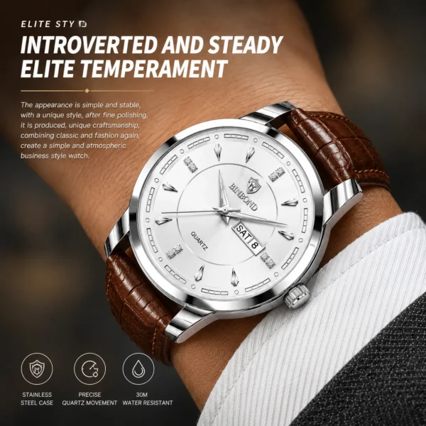 BINBOND 8879 Men’s Luxury Watch | Genuine Leather Strap, Multifunction Quartz, Waterproof Business & Casual Wristwatch SILVER